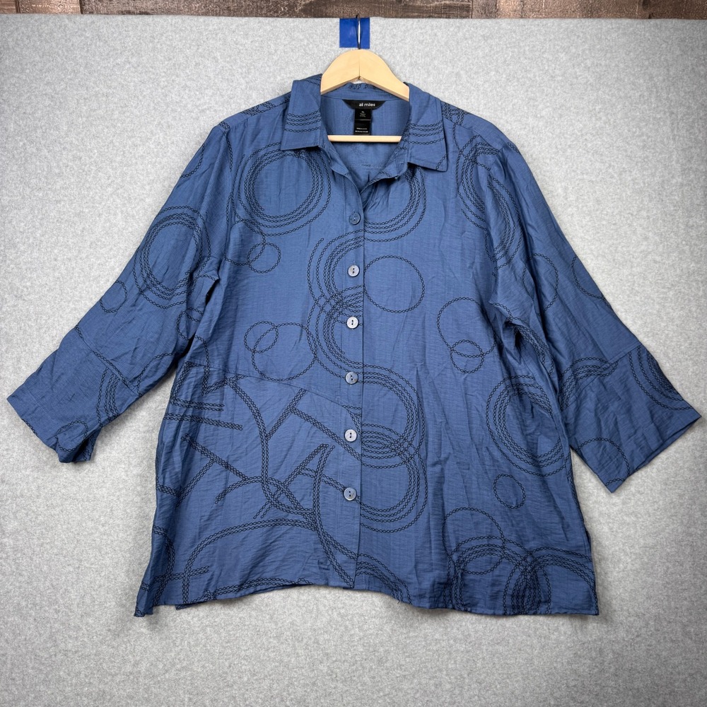 Ali Miles Top Womens XL Blue Abstract Circle Print Tunic Lagenlook Artsy Button